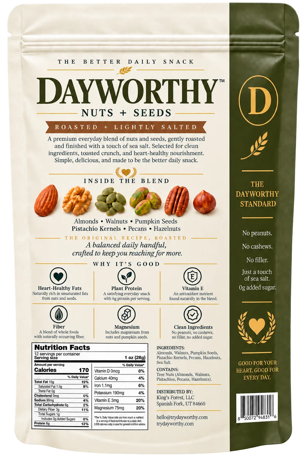 DAYWORTHY Nuts + Seeds, Roasted + Lightly Salted, 12 oz pouch, back of pack