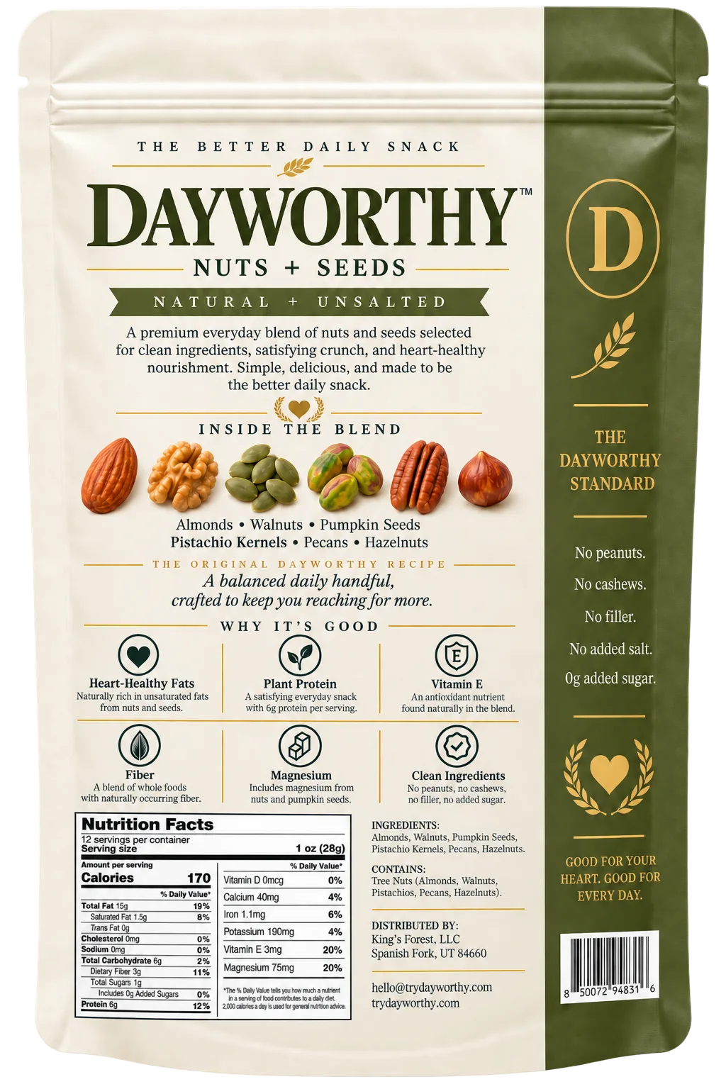 DAYWORTHY Nuts + Seeds, Natural + Unsalted, 12 oz pouch, back of pack